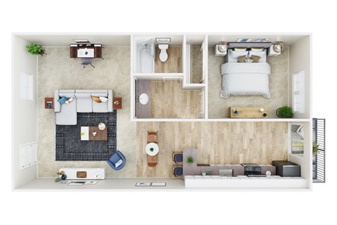 Floor plan for 1 bed, 1 bath, 733 sqft